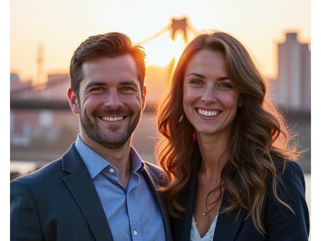 Profile photos of two diverse co-founders, one male and one female, smiling confidently, with the iconic Portland sign and a bridge in the blurred background under warm, late afternoon light.