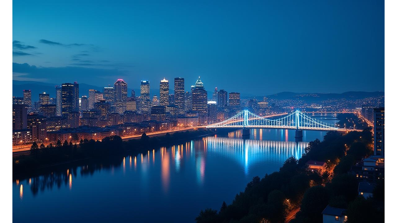 Panoramic view of the Portland cityscape at dusk, glowing with city lights, symbolizing innovation and growth in technology, with abstract blockchain elements subtly integrated