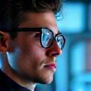 A focused male data scientist, late thirties, surrounded by monitors displaying intricate graphs and data, emphasizing analytical and quantitative skills.