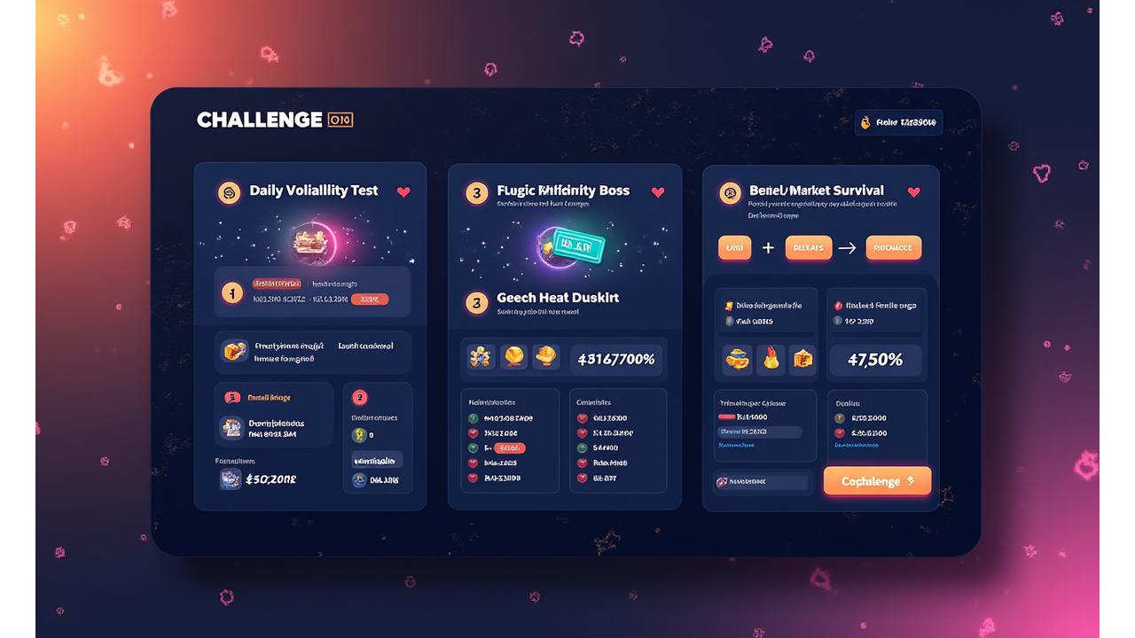 Interactive challenge feed showing various crypto trading tasks, difficulty ratings, and reward systems