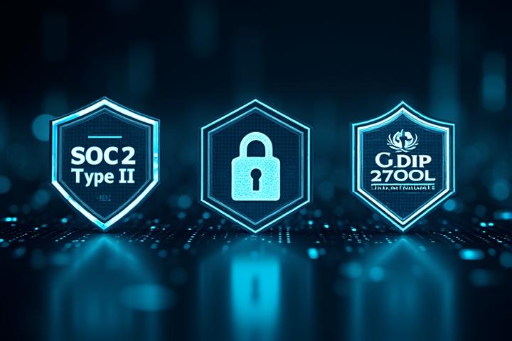 Collection of security certification badges including SOC 2 Type II, ISO 27001, GDPR compliant, and a padlock icon, glowing against a dark, secure-feeling background.