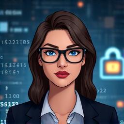 Professional headshot of a cybersecurity expert, focused, with subtle digital security iconography in the background