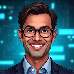 Professional headshot of a smiling senior developer, diverse and confident, with a technological background in soft focus