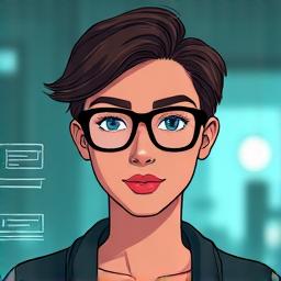 Professional headshot of a UI/UX designer, creative and approachable, with abstract UI elements reflecting in her glasses.