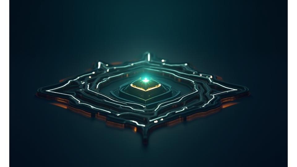 Stylized abstract graphic representing a warning sign or boundary, with lines flowing around a central protected area, dark and serious mood.