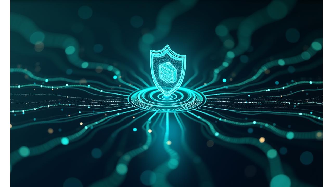 Abstract visualization of AES-256 encryption protecting cryptocurrency portfolio data with connected, glowing nodes representing a zero-knowledge architecture.