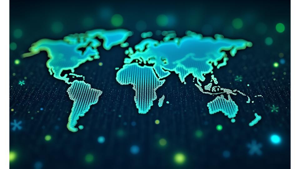 Complex interconnected digital network with flowing data, symbolizing robust service infrastructure and global reach.