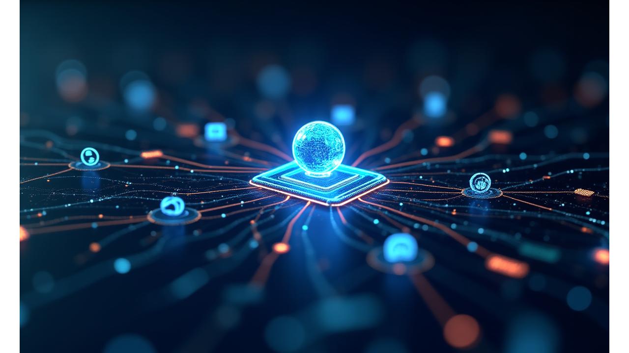 A futuristic dashboard showcasing various connected data sources with API icons, real-time data streams, and network graphs, highlighting seamless integration.